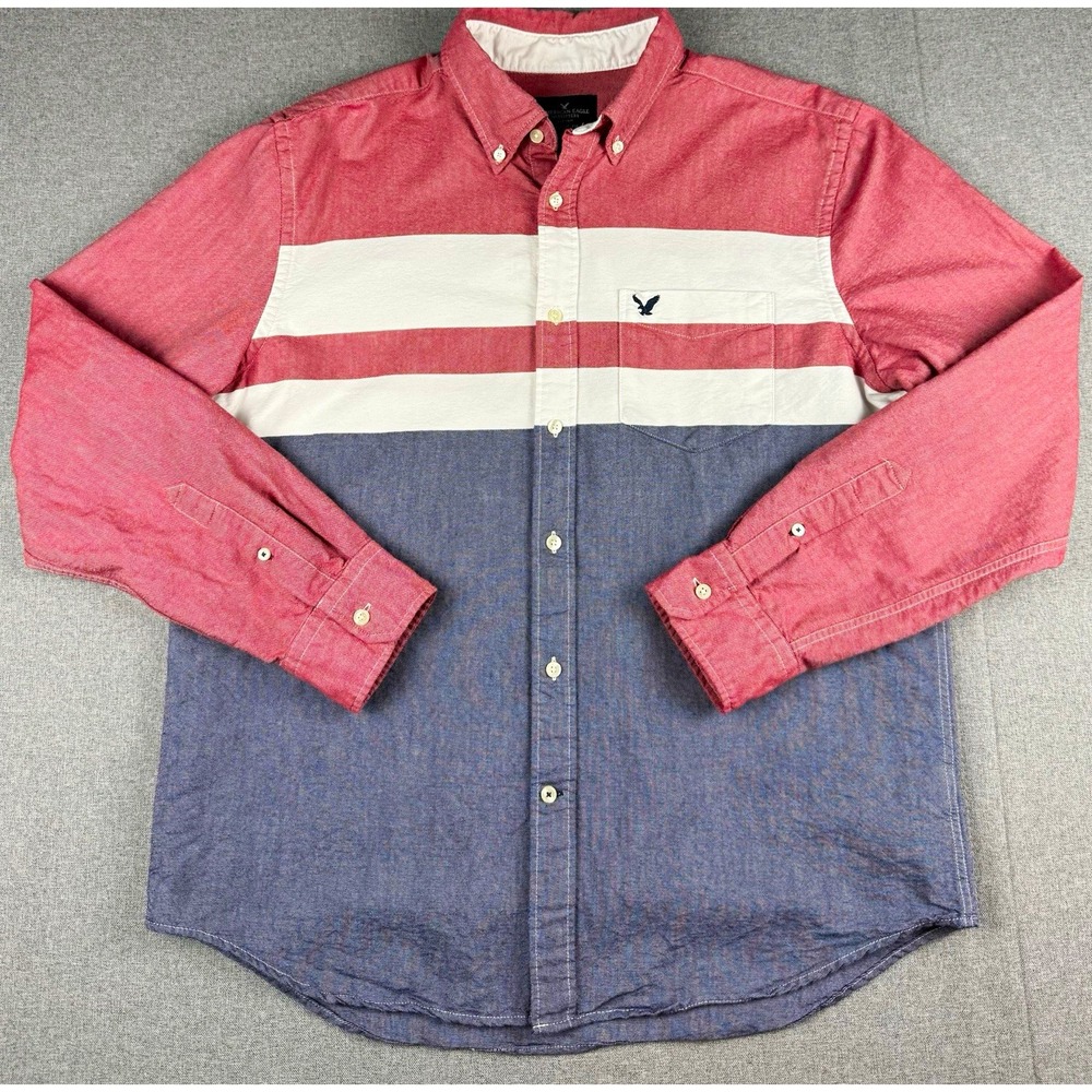 American Eagle Outfitters Classic Fit Colorblock Shirt L Red White Blue Cotton